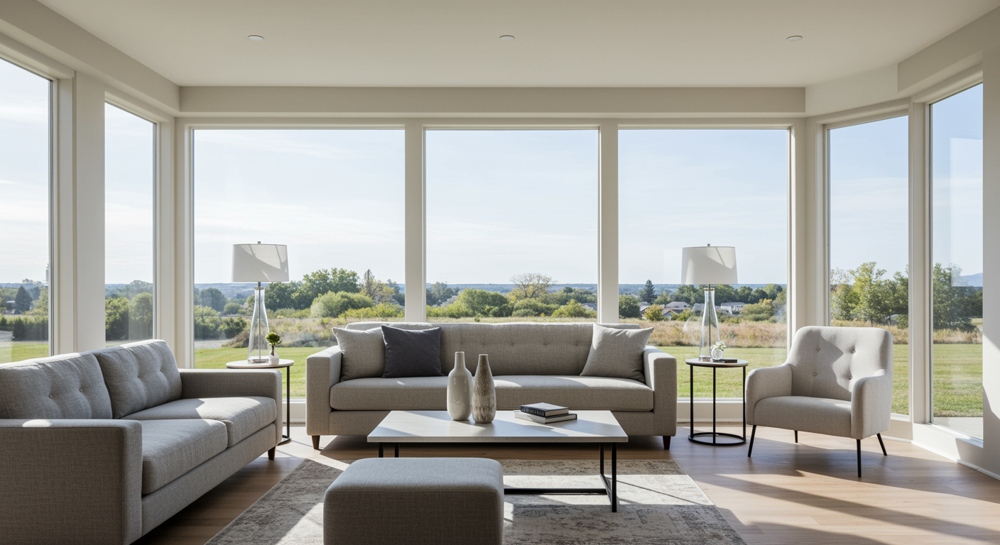 Spotless living room featuring custom installed windows with crystal clear glass, bright natural light, and elegant modern decor