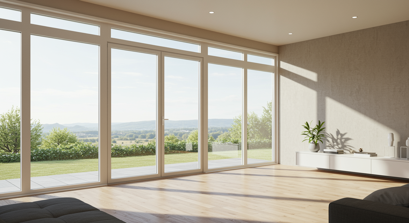 Bright living room with new vinyl windows installed, natural light and modern decor