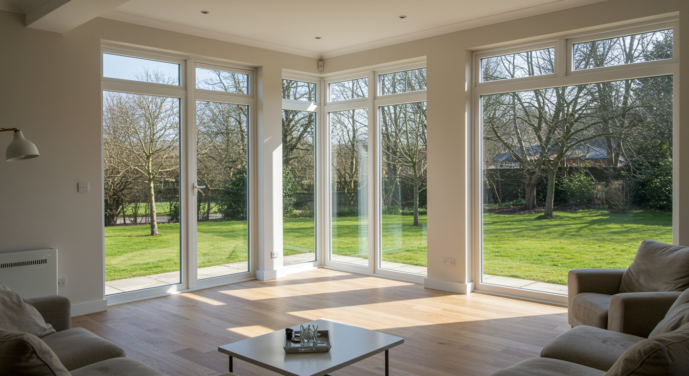 Living room with newly installed large windows featuring clear glass and white frames, sunlight streaming in, professional window installation result