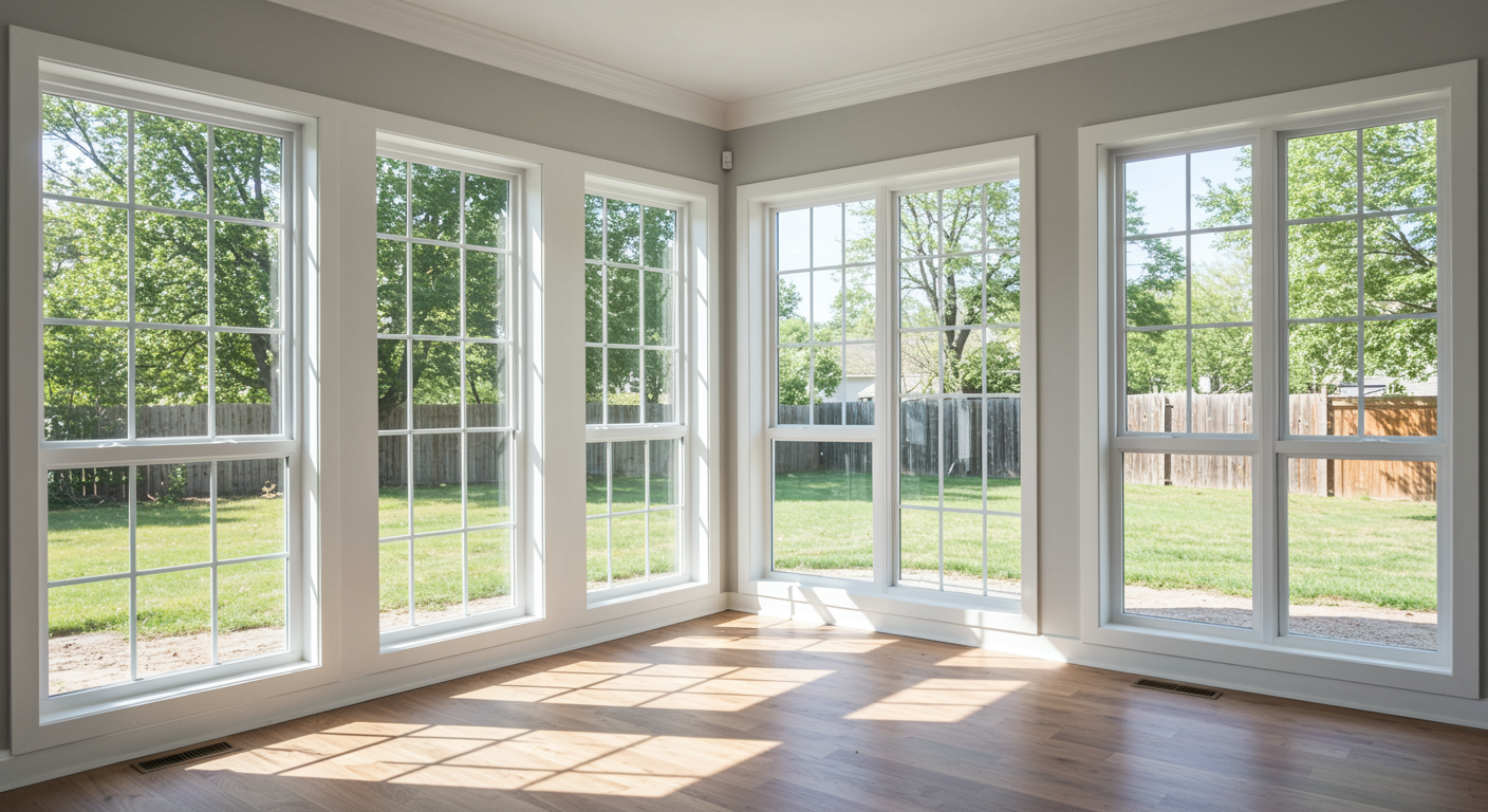Modern living room featuring newly installed energy-efficient windows with clean glass and white trim, brightened by natural sunlight
